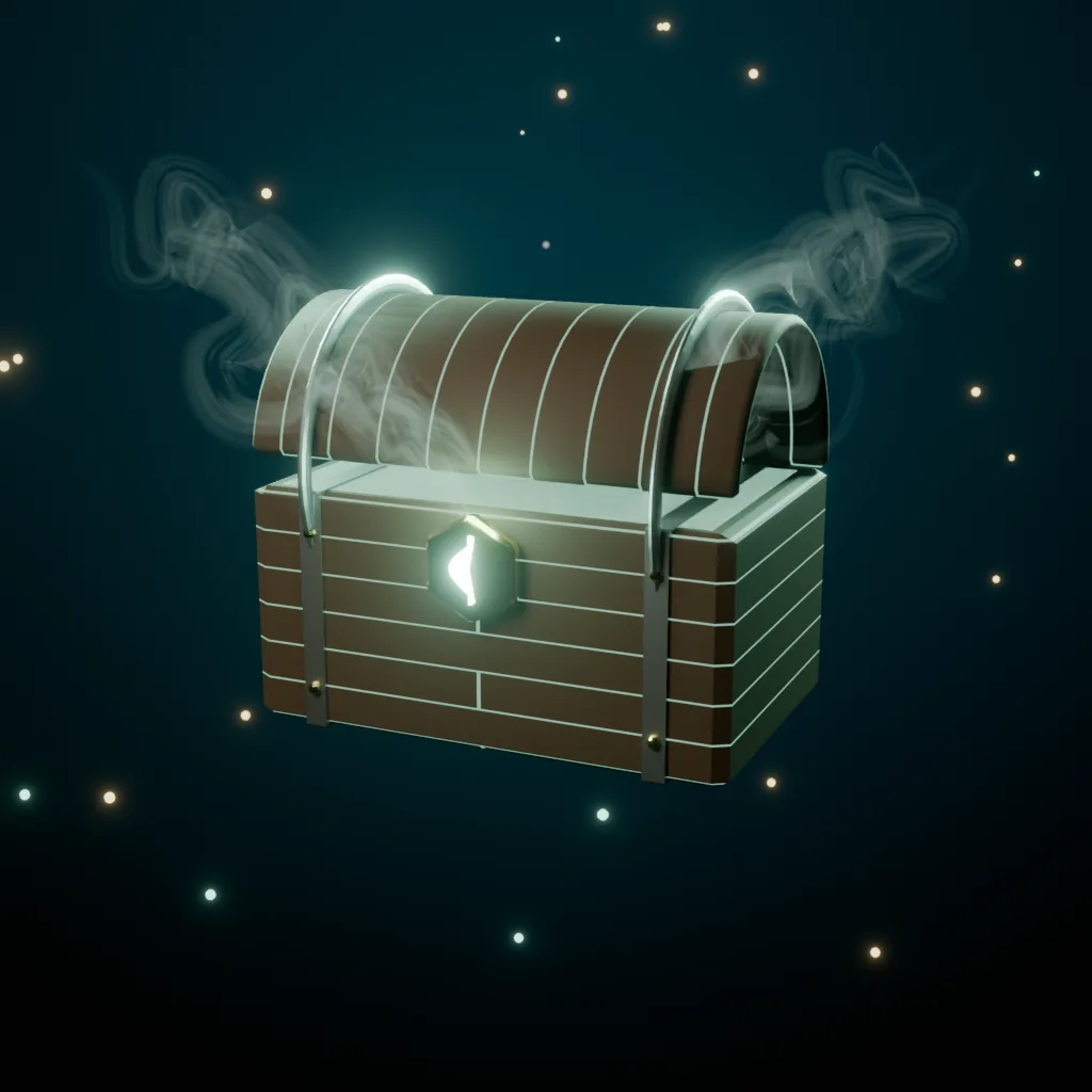 A sealed Outlaw box, a banded chest leaking green ghost light